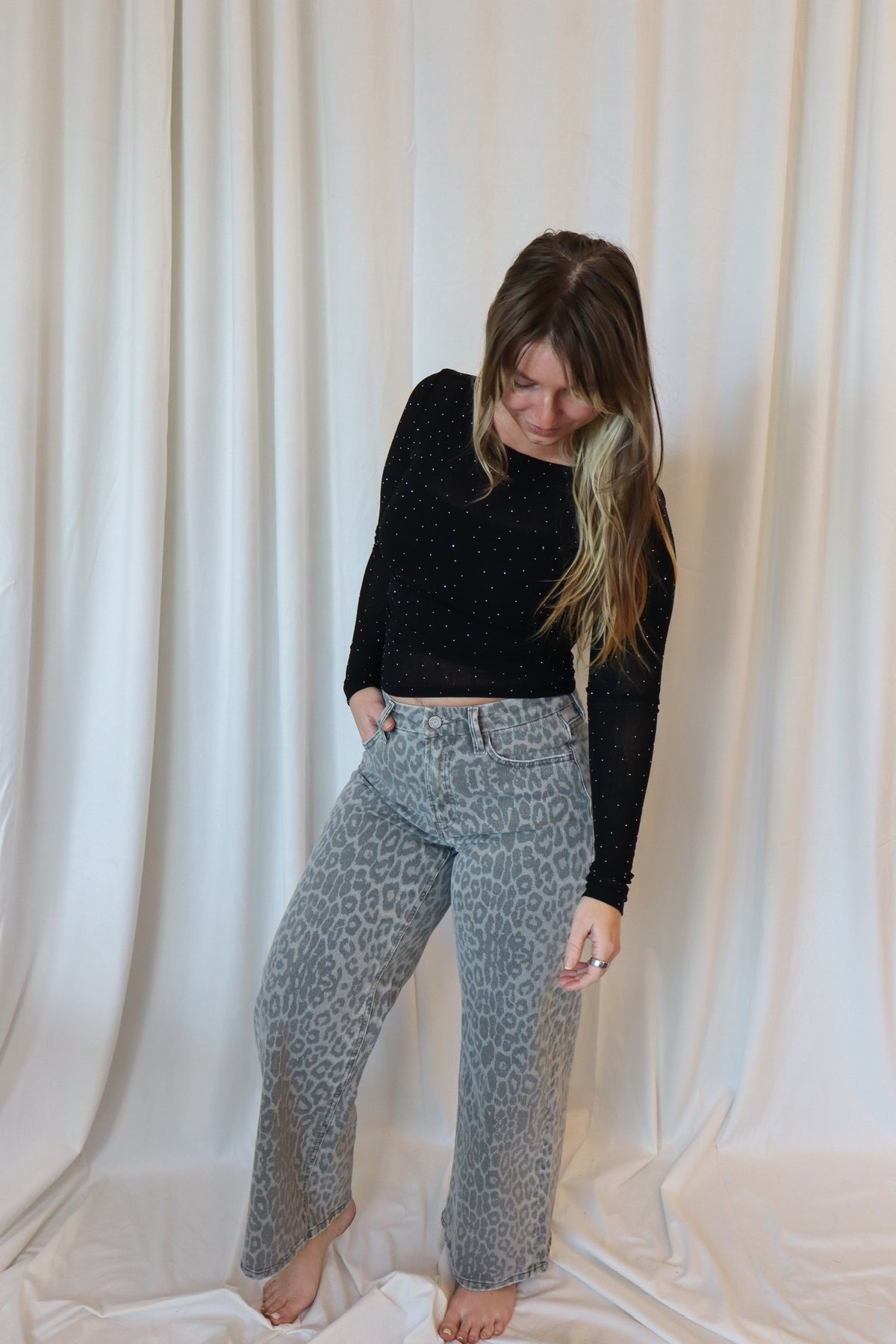 HIGH RISE GREY LEOPARD PRINT CROP WIDE LEG JEANS