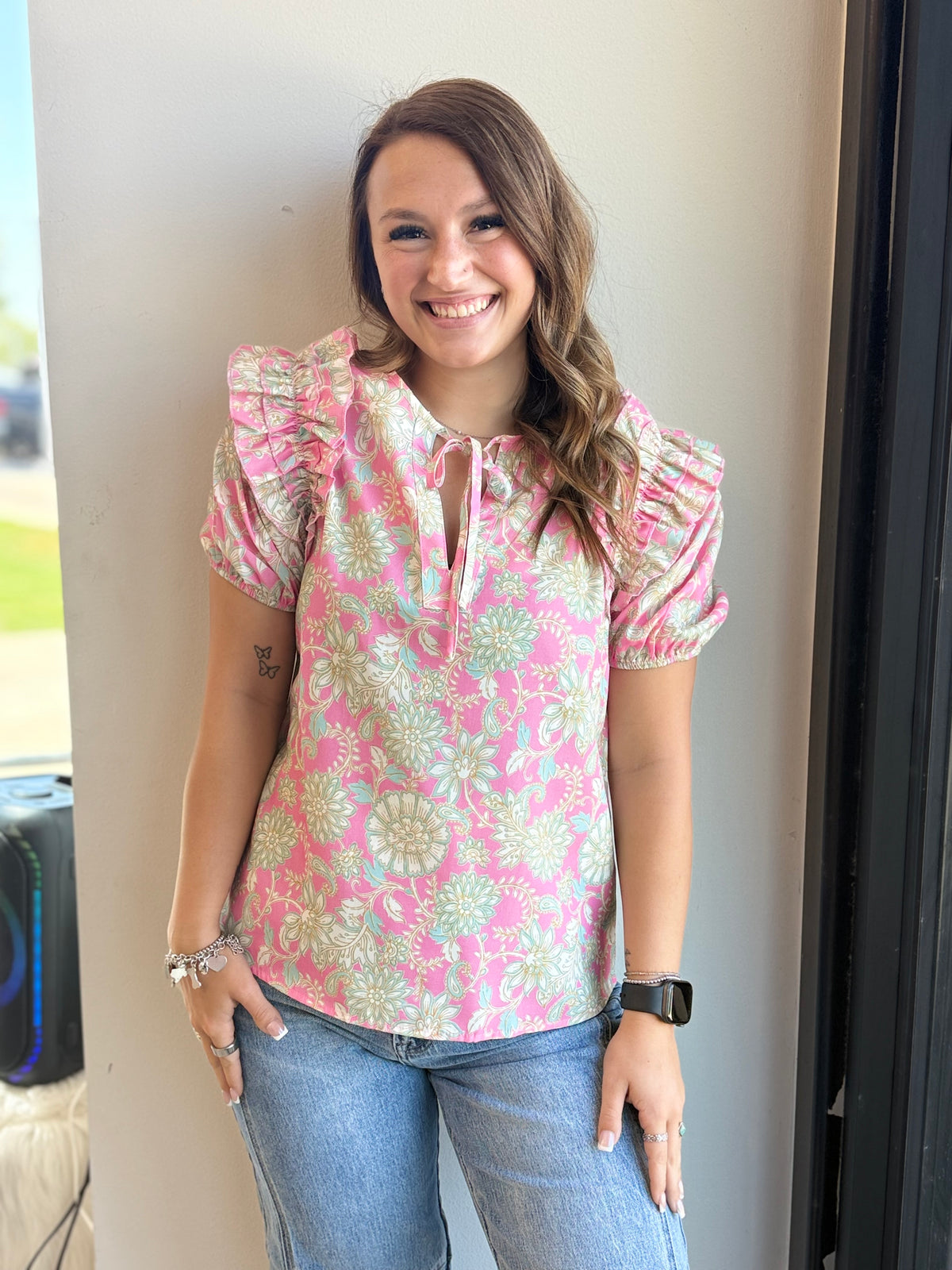 Floral Tie Neck Puff Sleeve Blouse