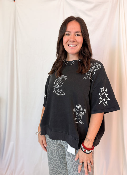 Mineral washed western printed oversized top