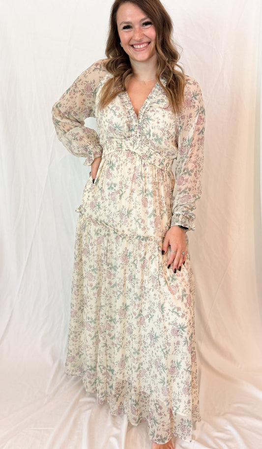 SMOCKED FLORAL MAXI DRESS
