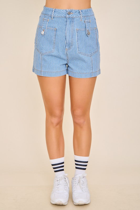 High Waisted Stripe Denim Shorts
