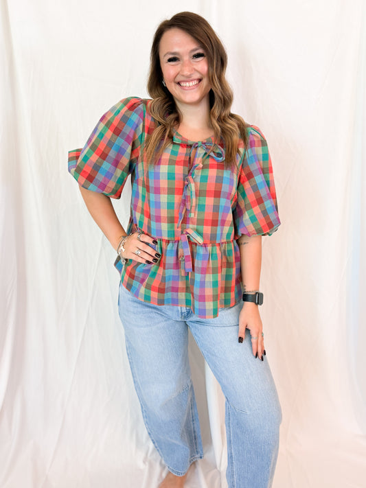 Self Tie Front Plaid Blouse
