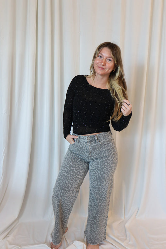 HIGH RISE GREY LEOPARD PRINT CROP WIDE LEG JEANS