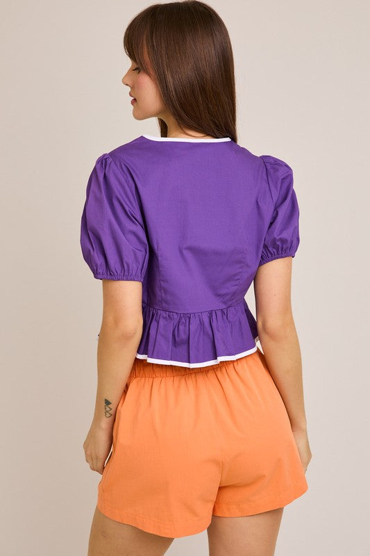 Puff Sleeve Contrast Bow Top
