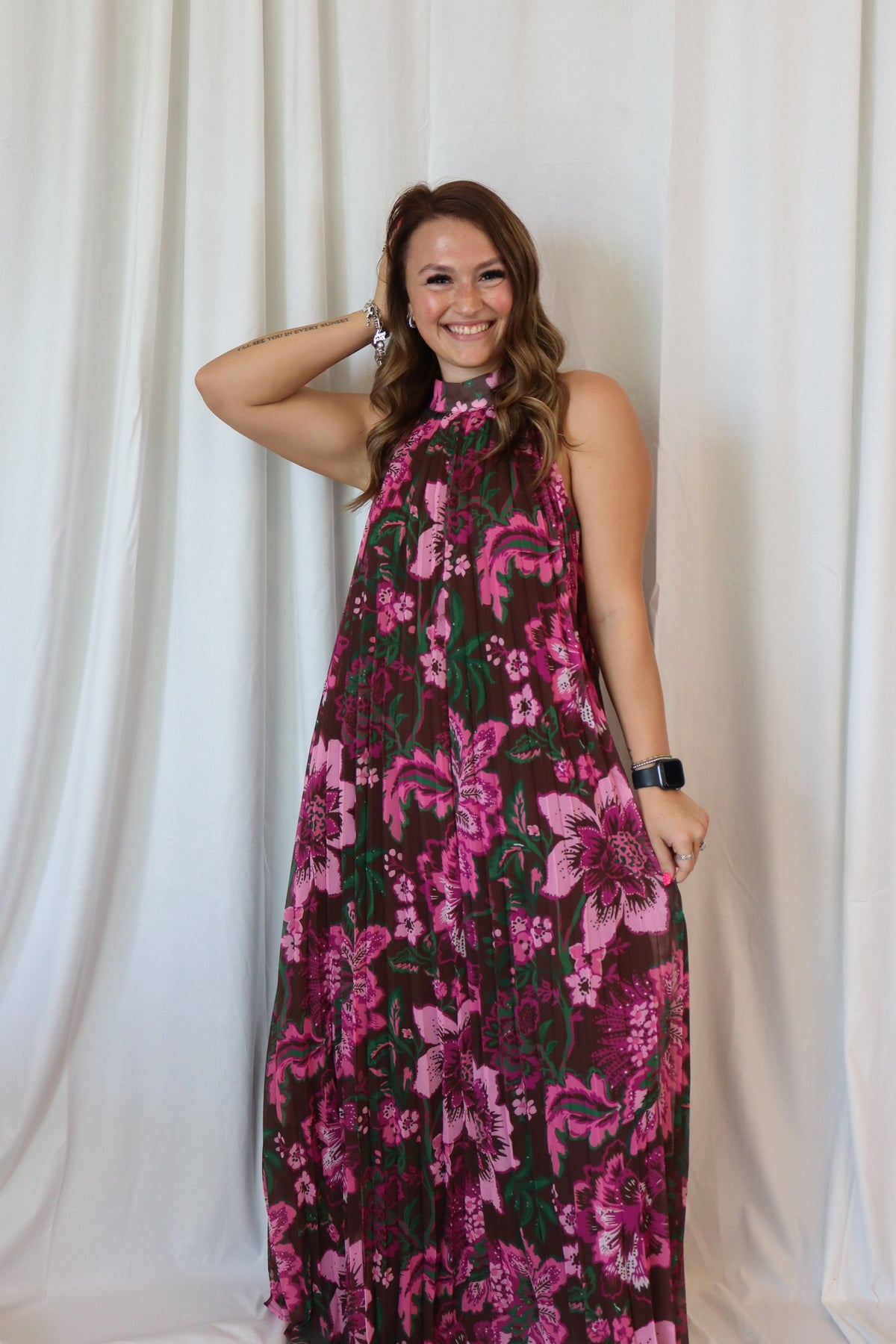 FLORAL PLEATED HALTER MAXI DRESS
