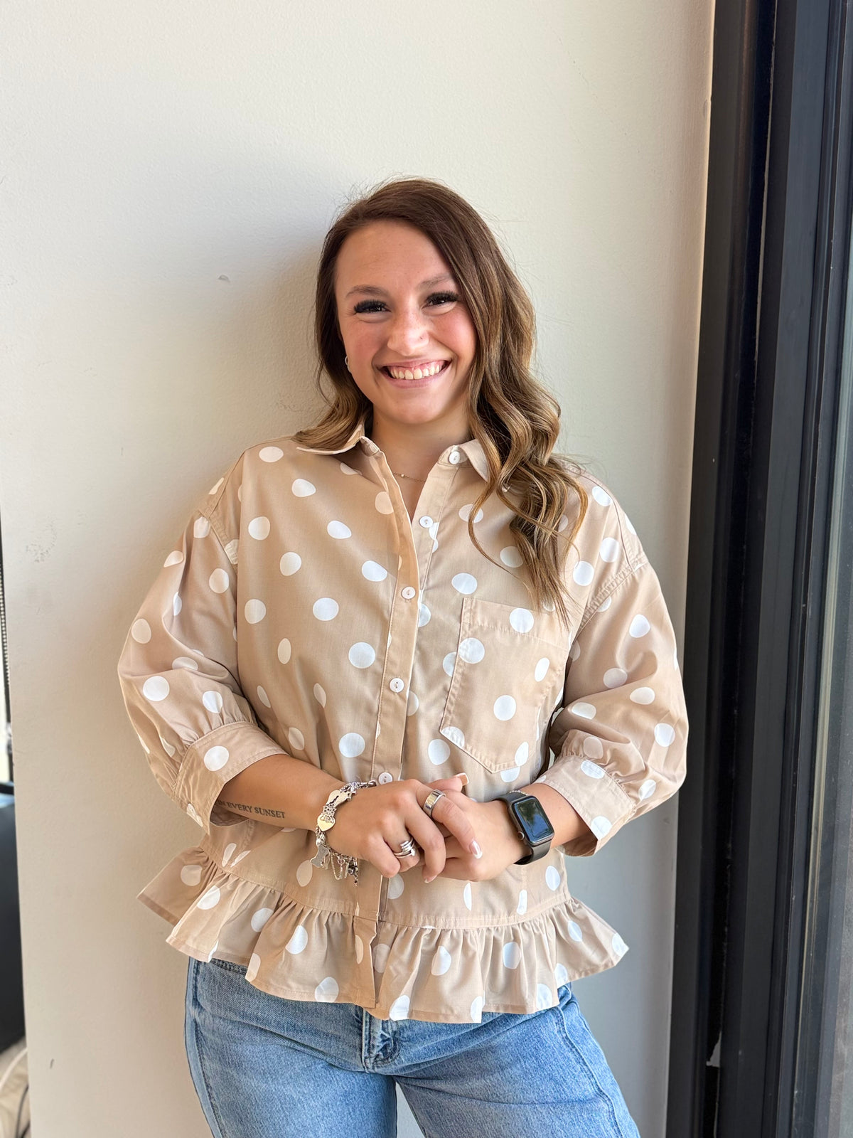Polka Dot 3/4 Sleeve Ruffle Hem Shirt
