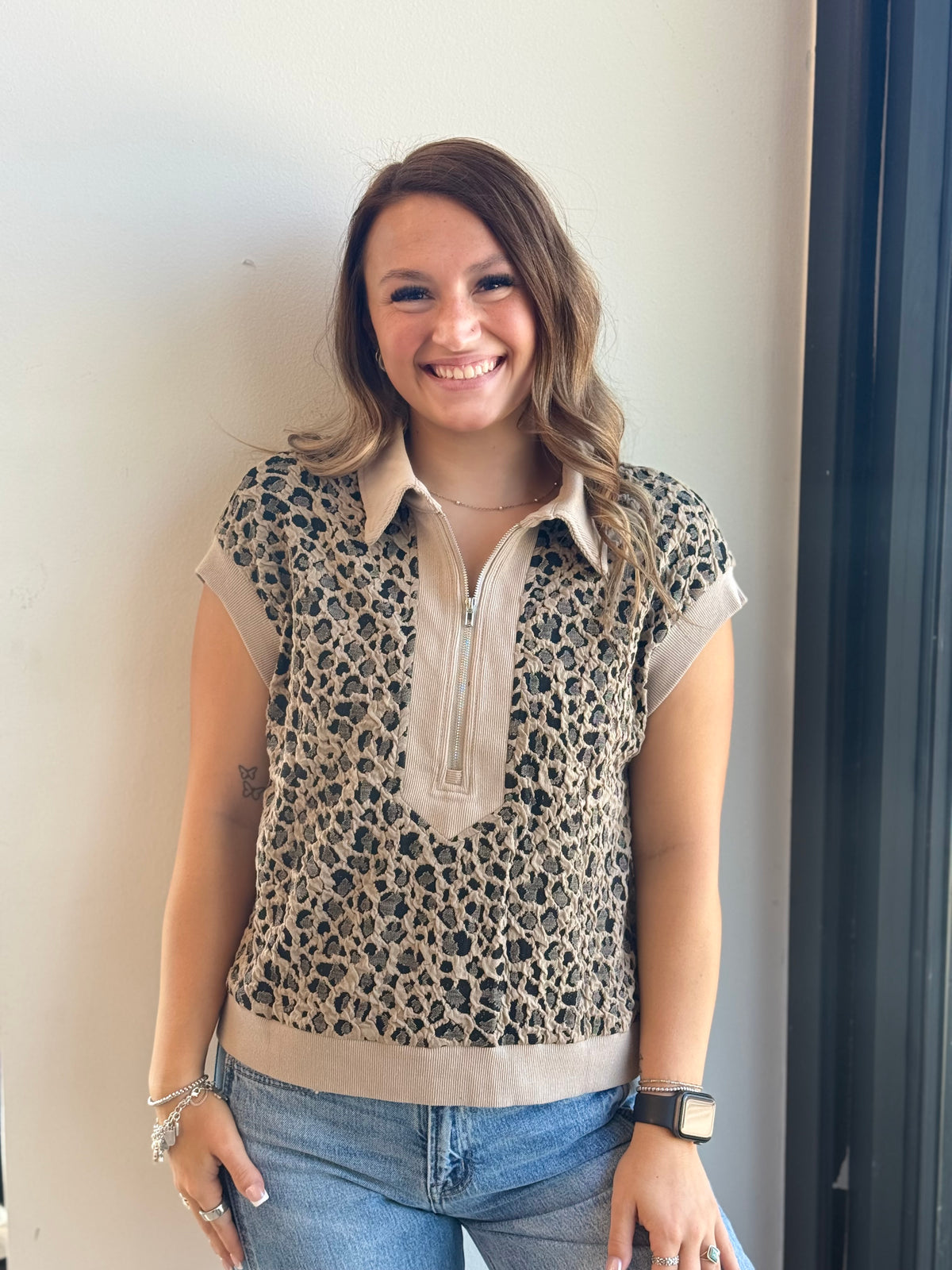 Leopard Zip-Up Collared Cap Sleeve Top