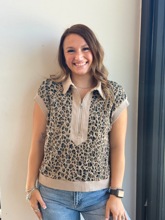 Leopard Zip-Up Collared Cap Sleeve Top