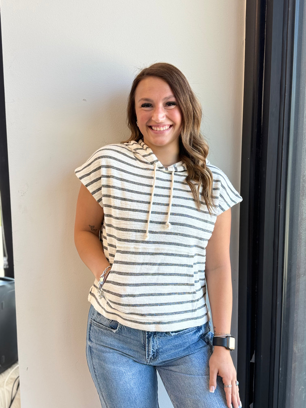 Striped Hooded Top With Pocket