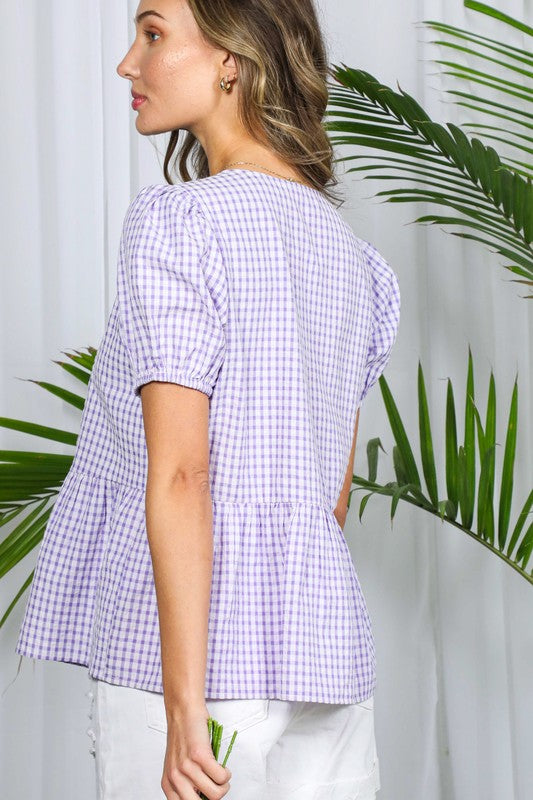 Self Tie Plaid Blouse