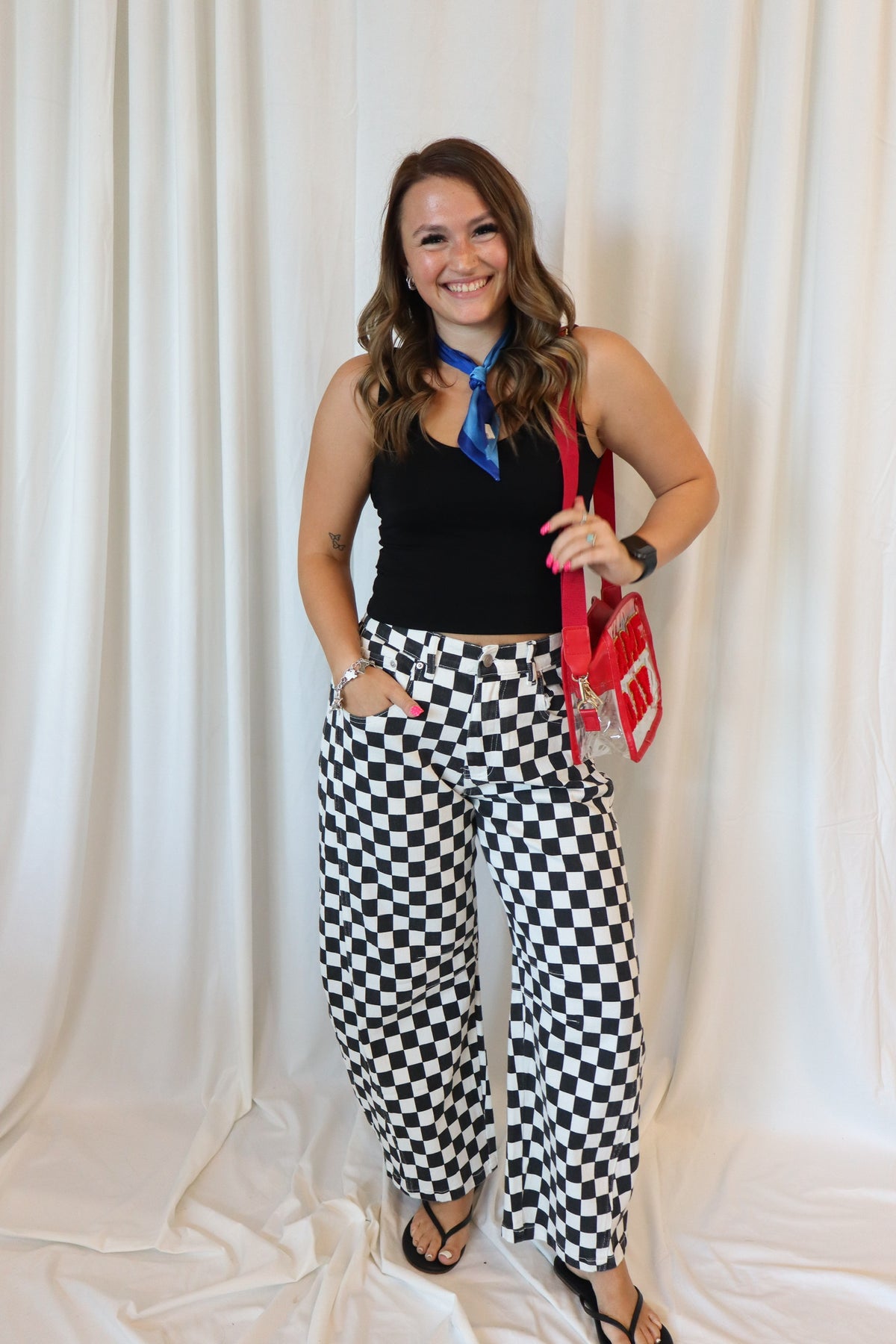 GAME DAY CHECKERED ELASTIC WAIST BARREL PANTS