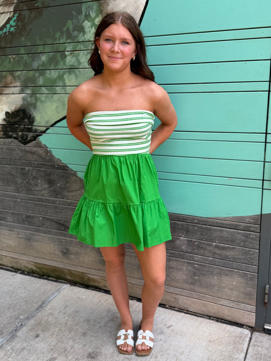 Ruffle Tiered Striped Tube Mini Dress