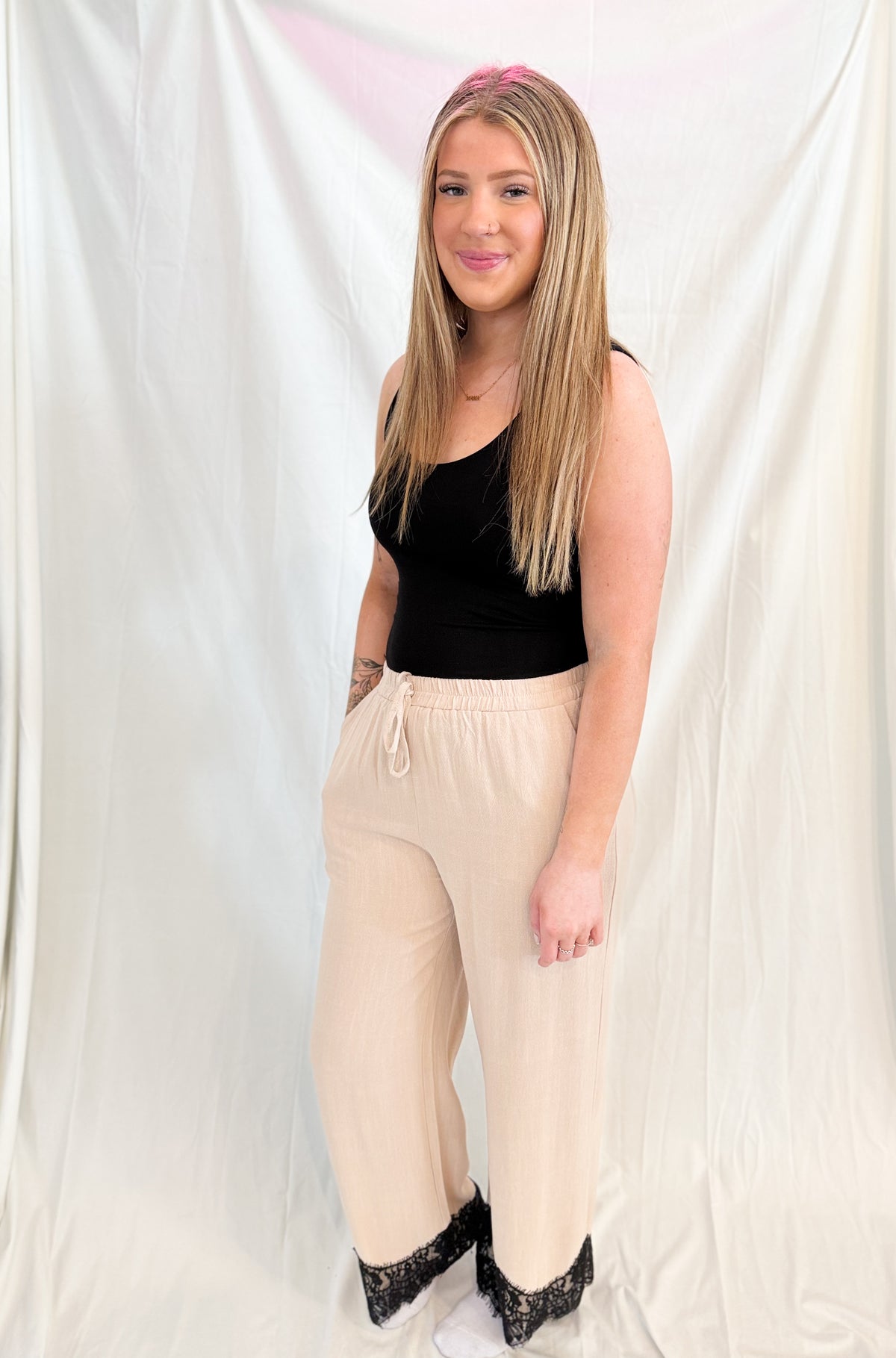LINEN BLEND LACE TRIM BANDING WAIST PANTS