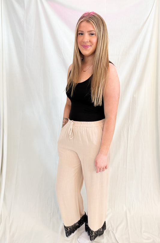 LINEN BLEND LACE TRIM BANDING WAIST PANTS