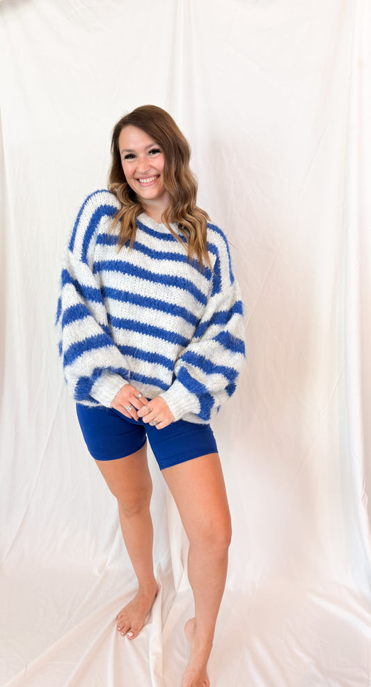 STRIPE PUFF SLEEVE TIE BACK SWEATER