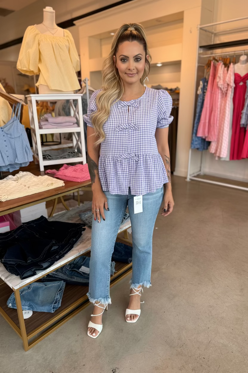 Self Tie Plaid Blouse