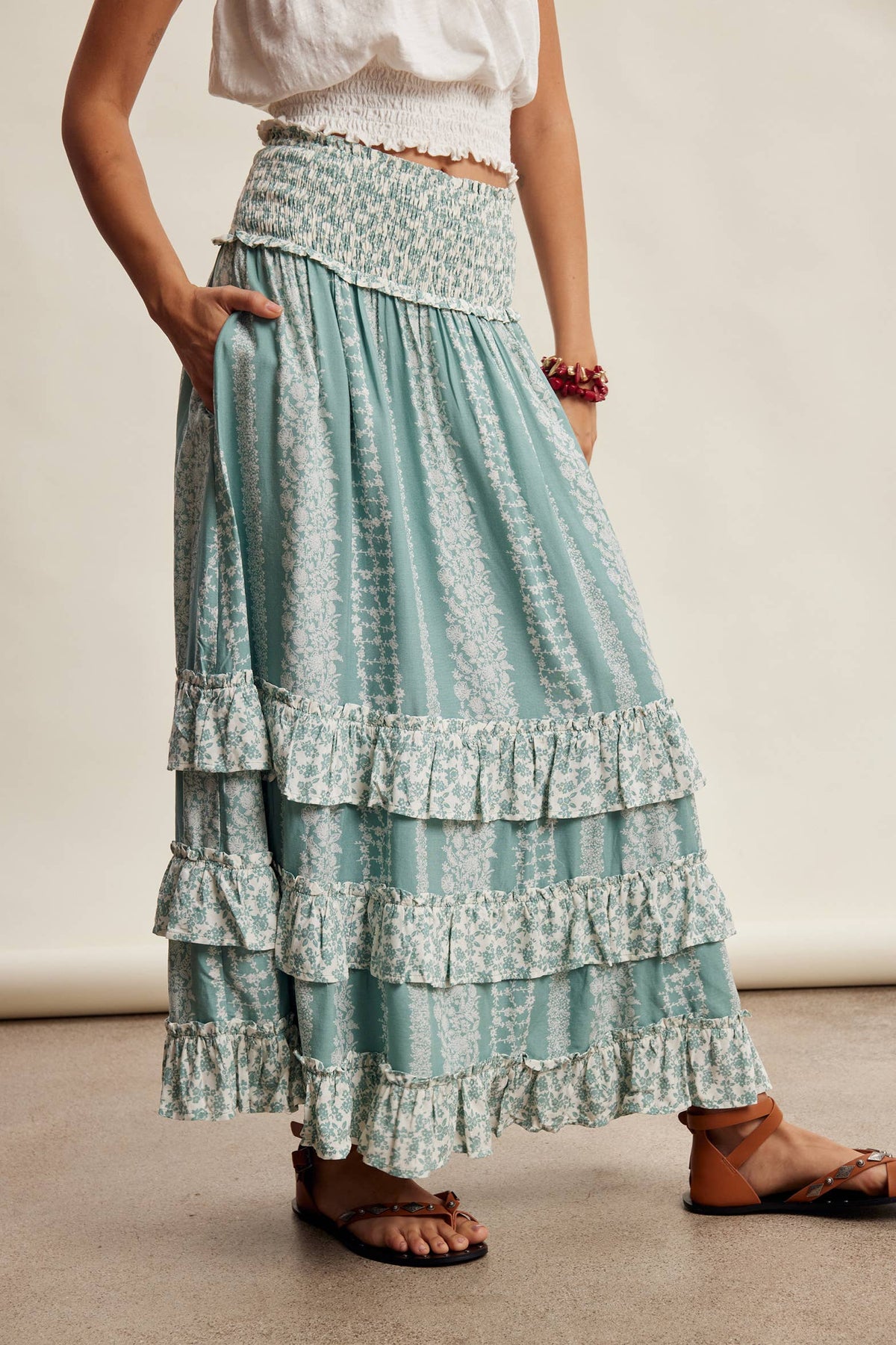 Mixed Print Tiered Maxi Skirt