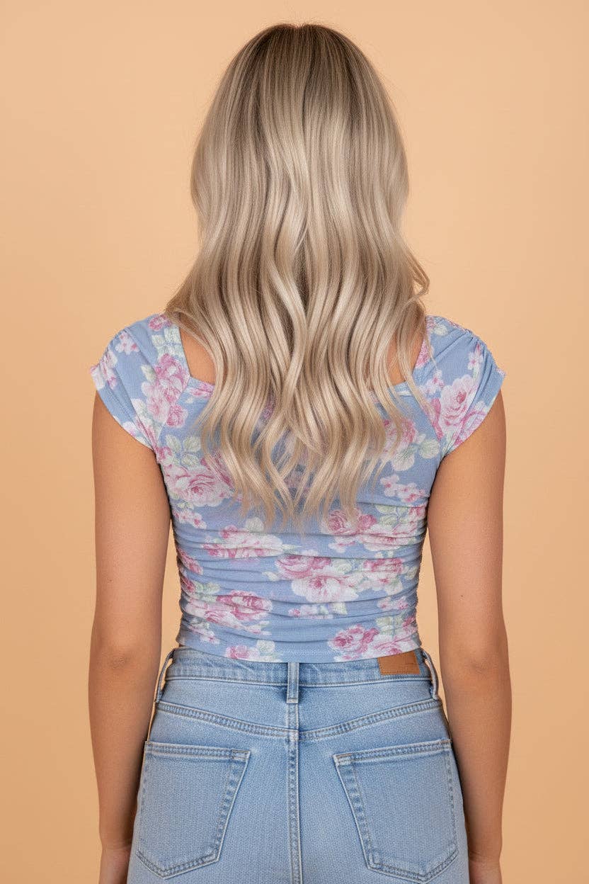 Floral Mesh Square Neck Ruched Top