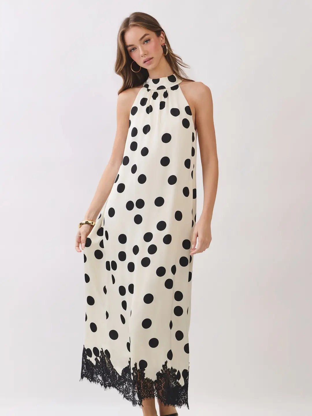 POLKA DOT LACE TRIM HALTER MAXI