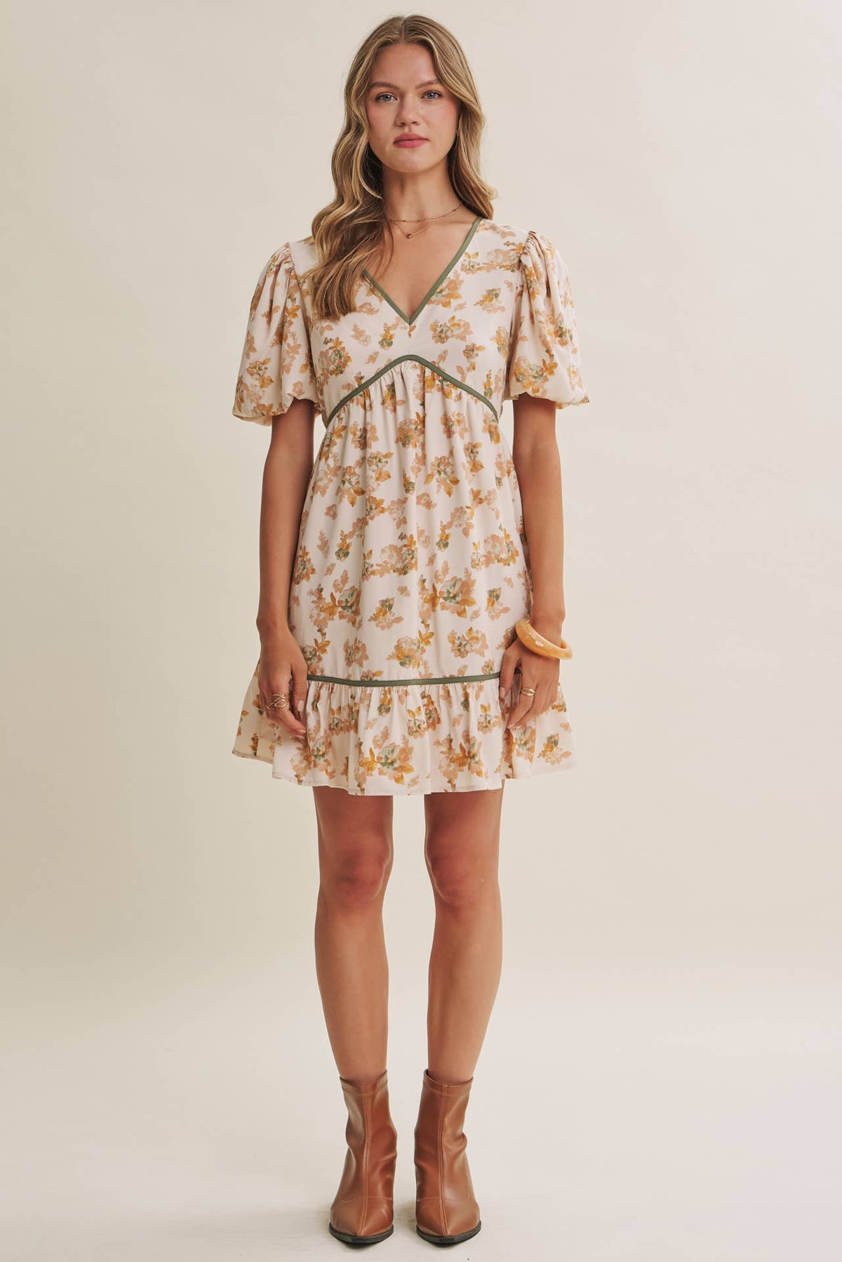 VINTAGE FLORAL BACK BOW BUBBLE SLEEVES FLARE MINI DRESS