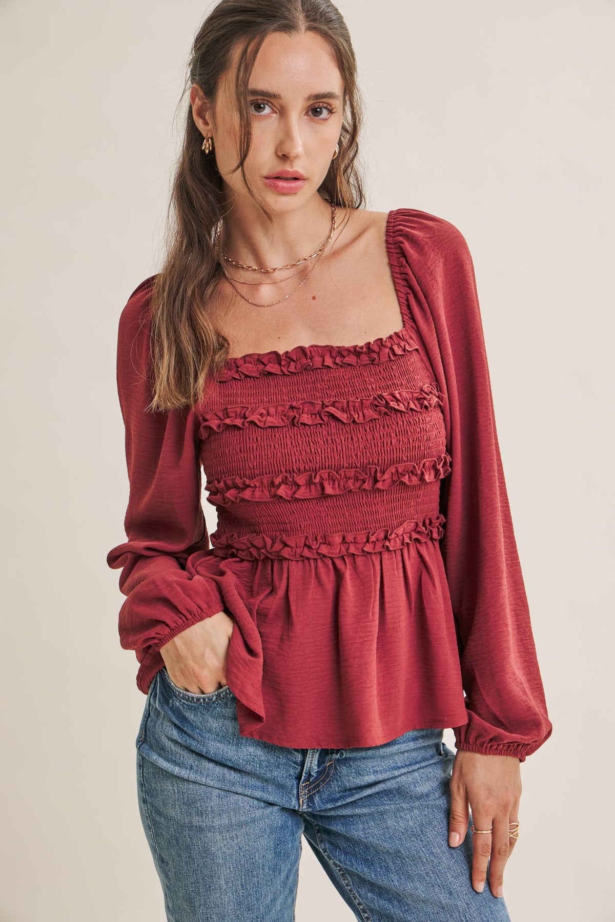 ROSEWOOD EVENING SQUARE NECK SMOCKED PEPLUM BLOUSE