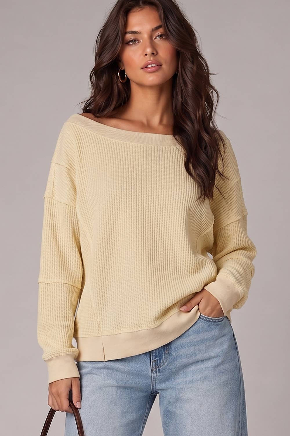 Boat Neck Waffle Knit Top