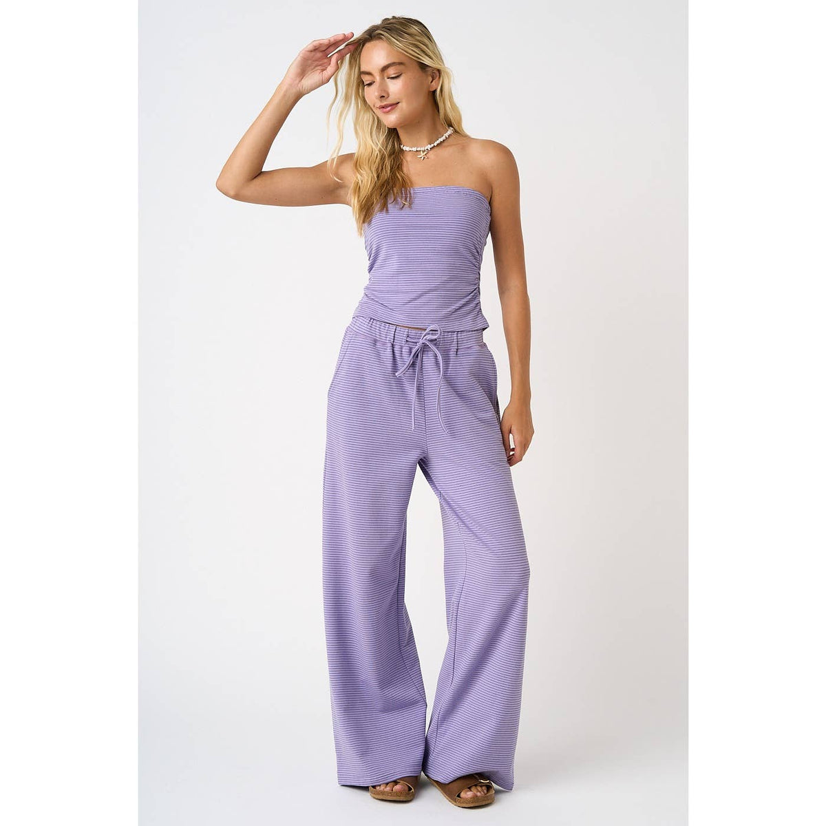 STRIPED PRINT SMOCKED BACK TUBE TOP AND PANTS SET