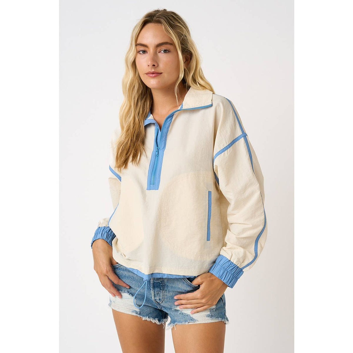 SPORTY STRIPE NYLON CONTRAST HALF ZIP PULLOVER