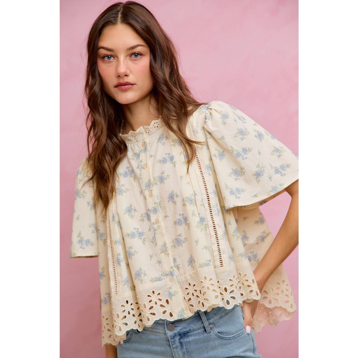 FLORAL PRINT LACE TRIM FLUTTER SLEEVES BLOUSE