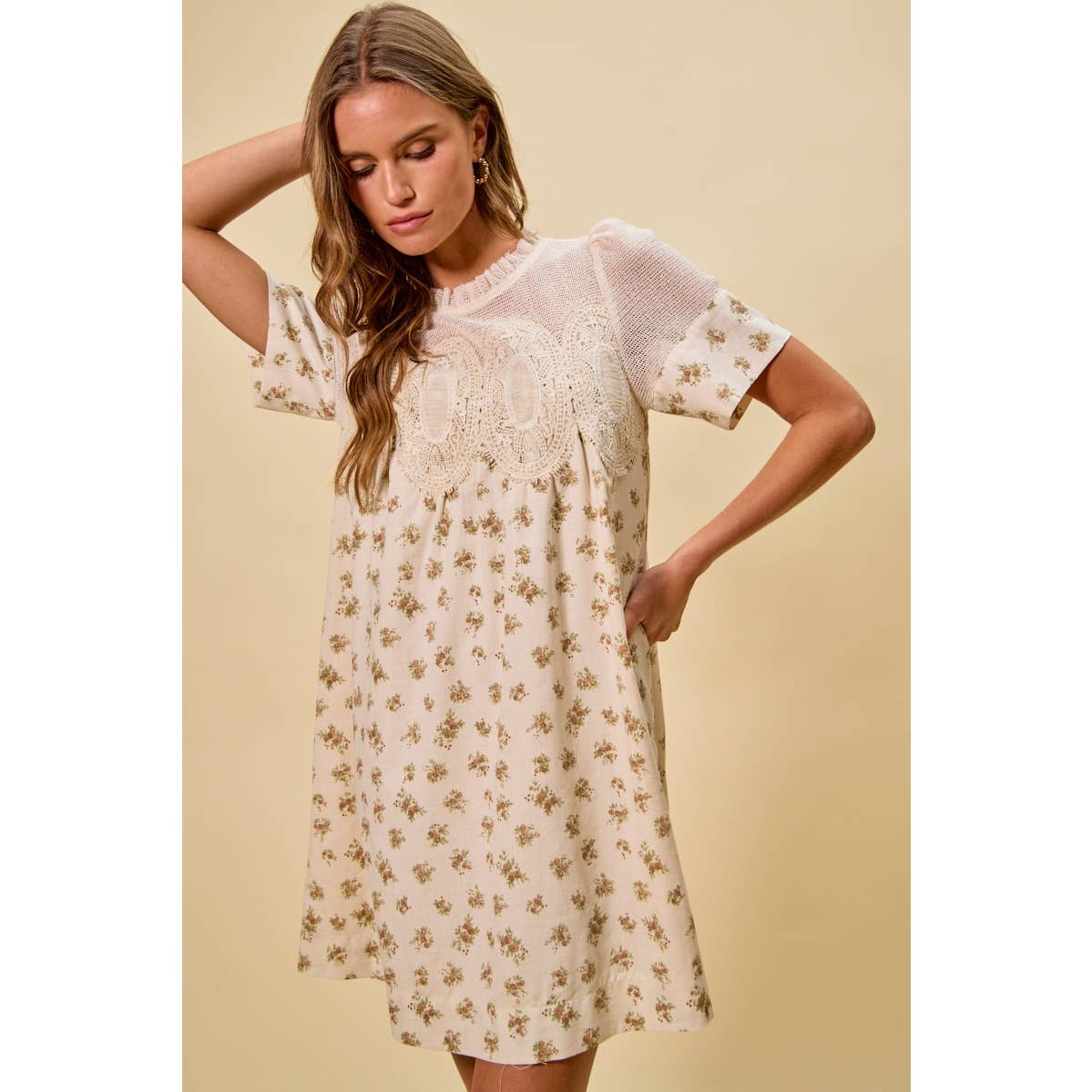 FLORAL PRINT LACE TRIM SHORT SLEEVES MINI DRESS
