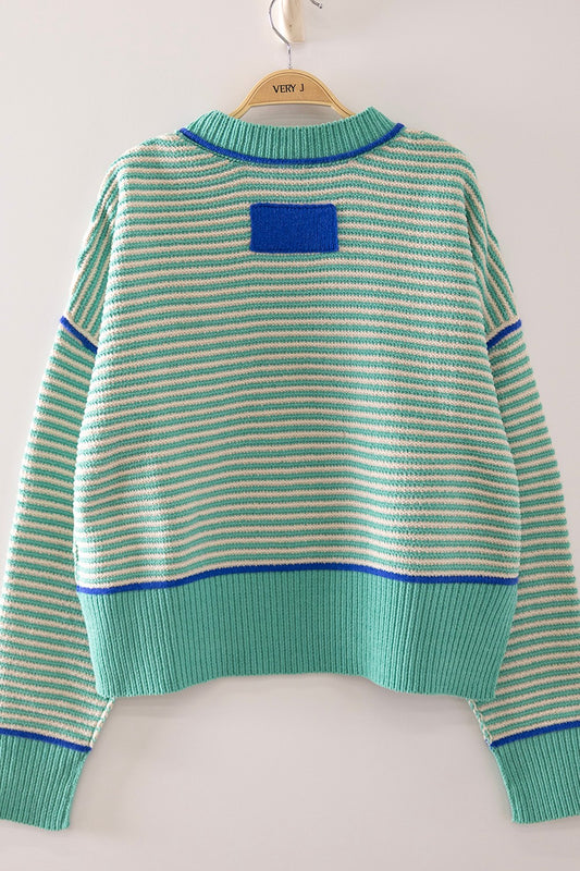 CONTRAST TRIM STRIPE SWEATER