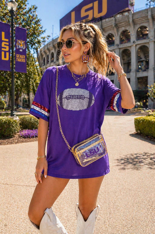 Oversized Game Day Bedazzled Football Tee