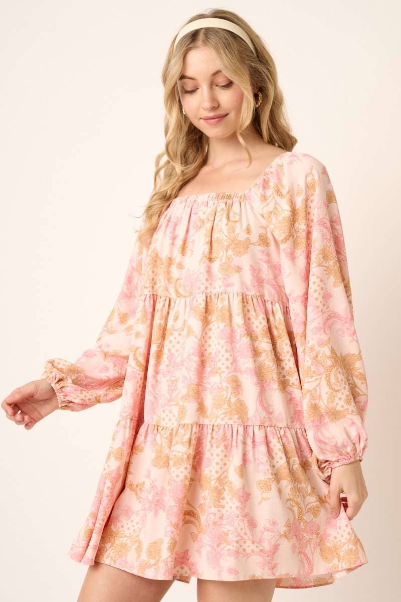 PAISLEY FLOWER PRINT SQUARE NECK BABYDOLL DRESS