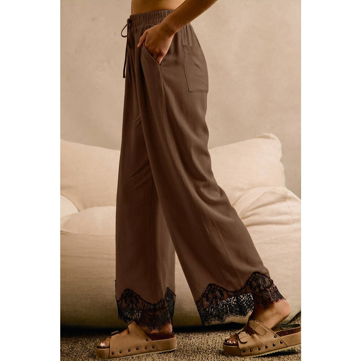 LINEN BLEND LACE TRIM BANDING WAIST PANTS