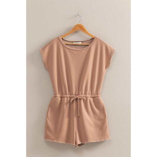 Cap Sleeve Drawstring Waist Romper - Taupe