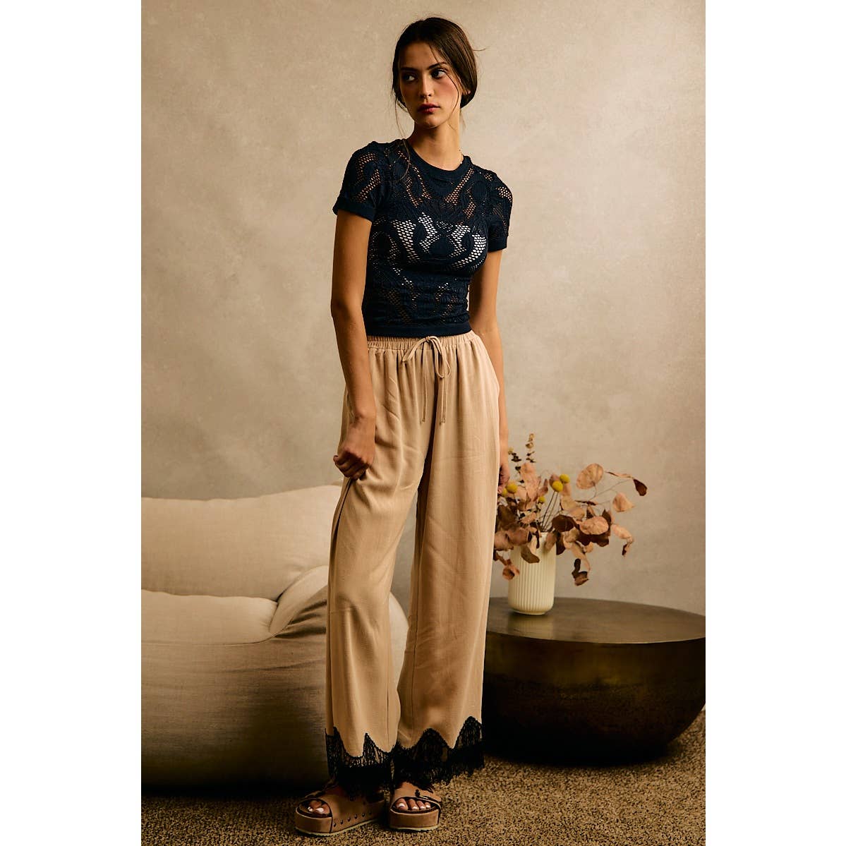 LINEN BLEND LACE TRIM BANDING WAIST PANTS