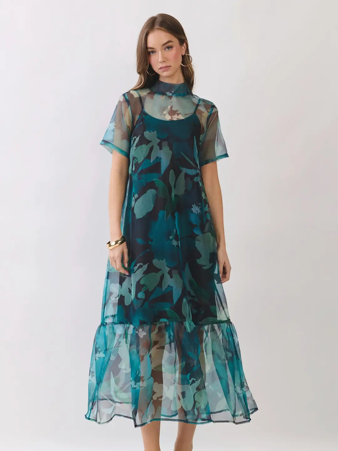 SHEER FLORAL OVERLAY MAXI DRESS