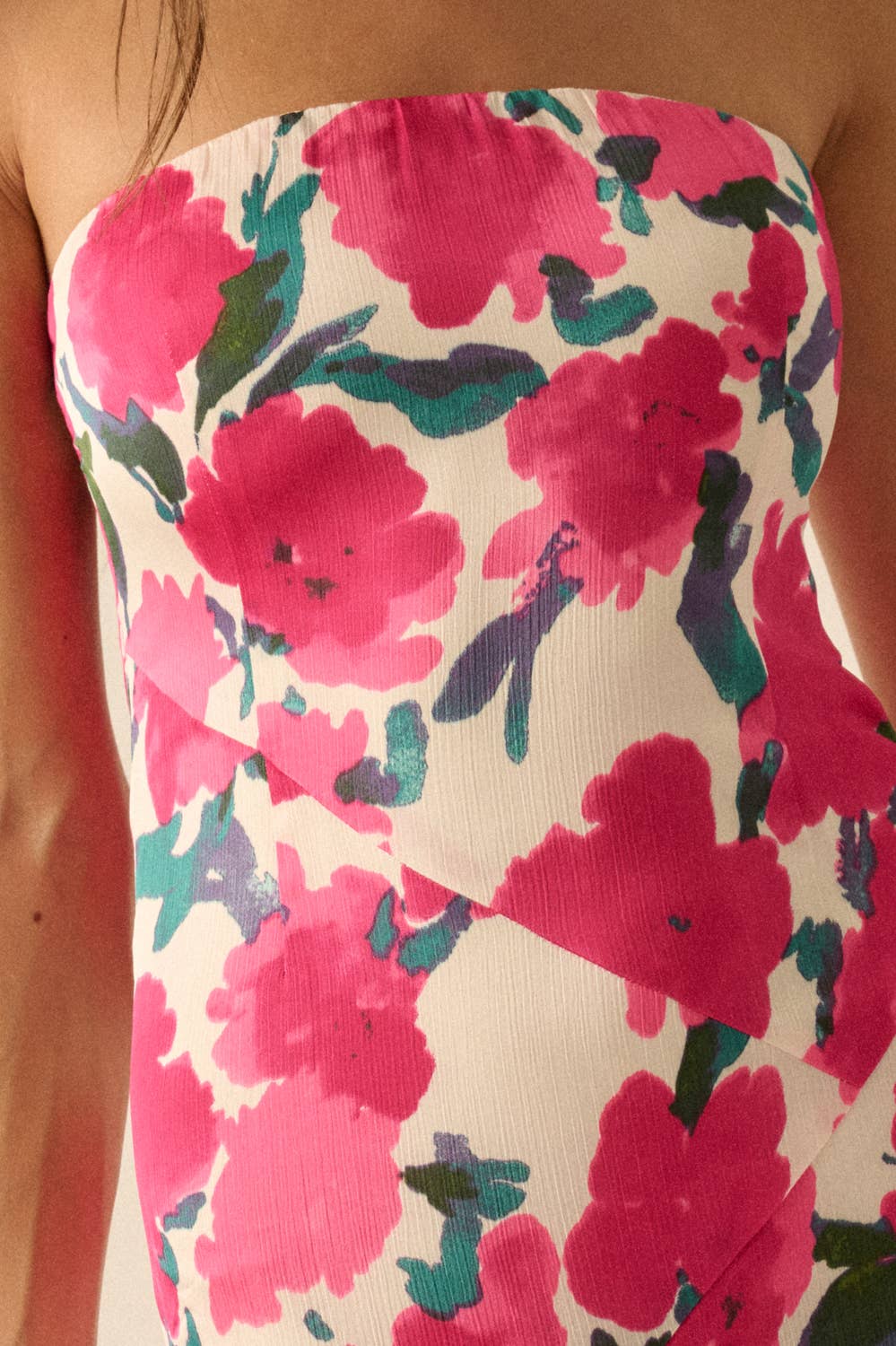 Floral-Print Crepe Strapless Drop-Waist Maxi Dress
