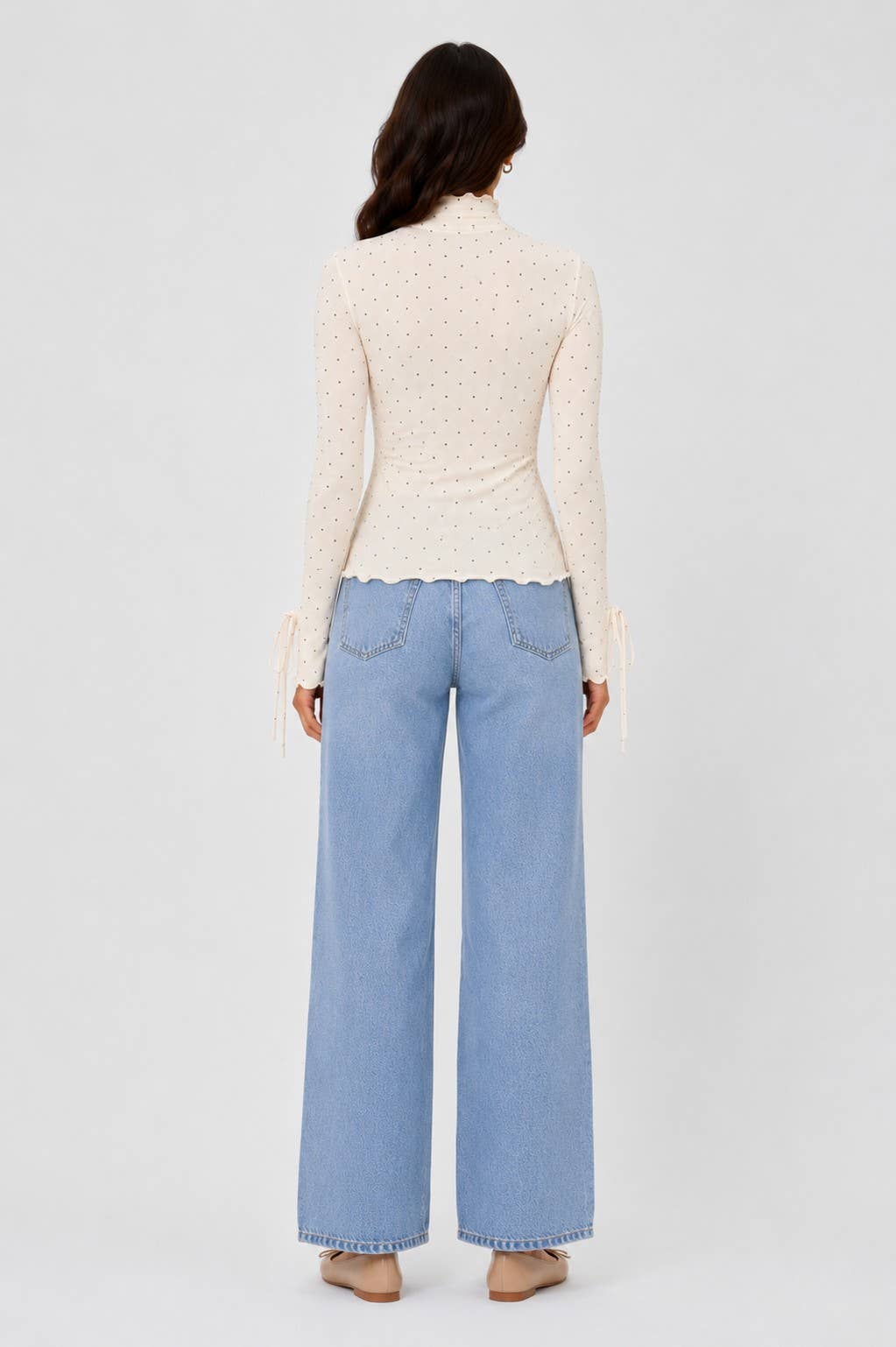 POLKA DOT RUFFLED TRIM LONG SLEEVE TOP
