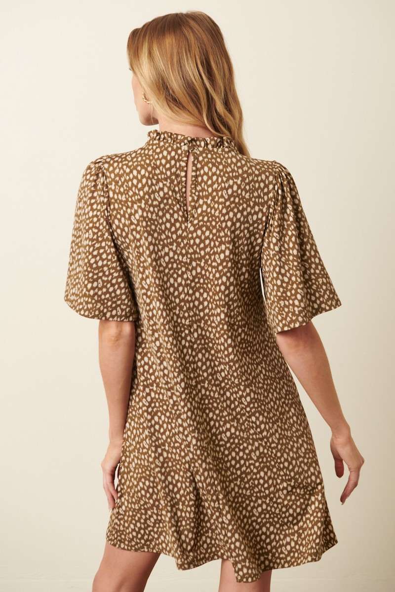 ANIMAL PRINT RUFFLE MOCK NECK MINI DRESS