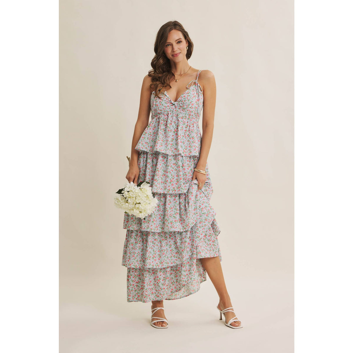 MORNING MEADOW TWISTED FRONT TIERED SMOCKED MAXI DRESS