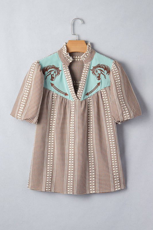 Western Pony Embroidered Gingham Blouse