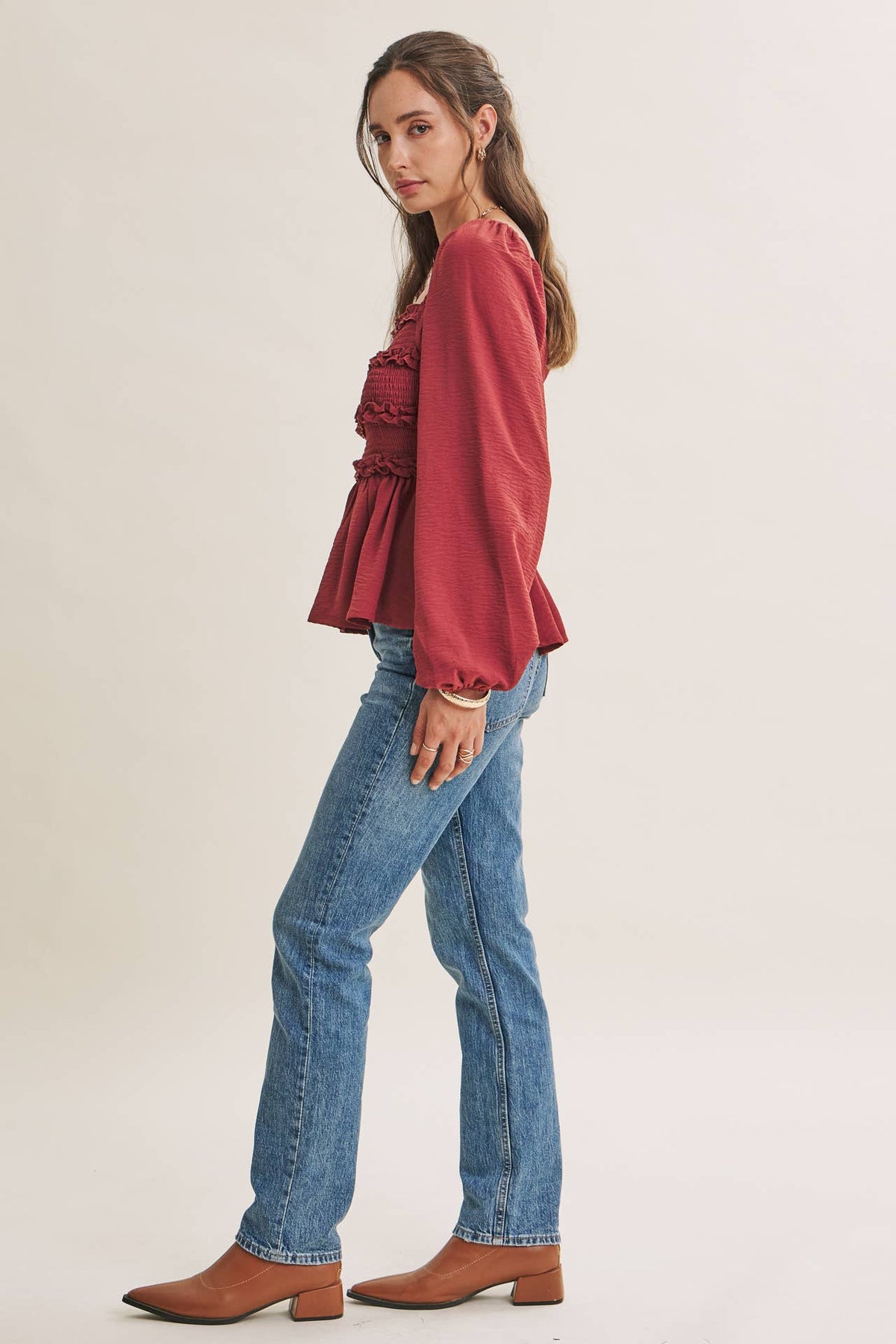 ROSEWOOD EVENING SQUARE NECK SMOCKED PEPLUM BLOUSE