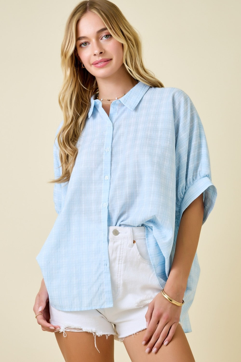 Button Down Textured Check Oversized Shirt Top