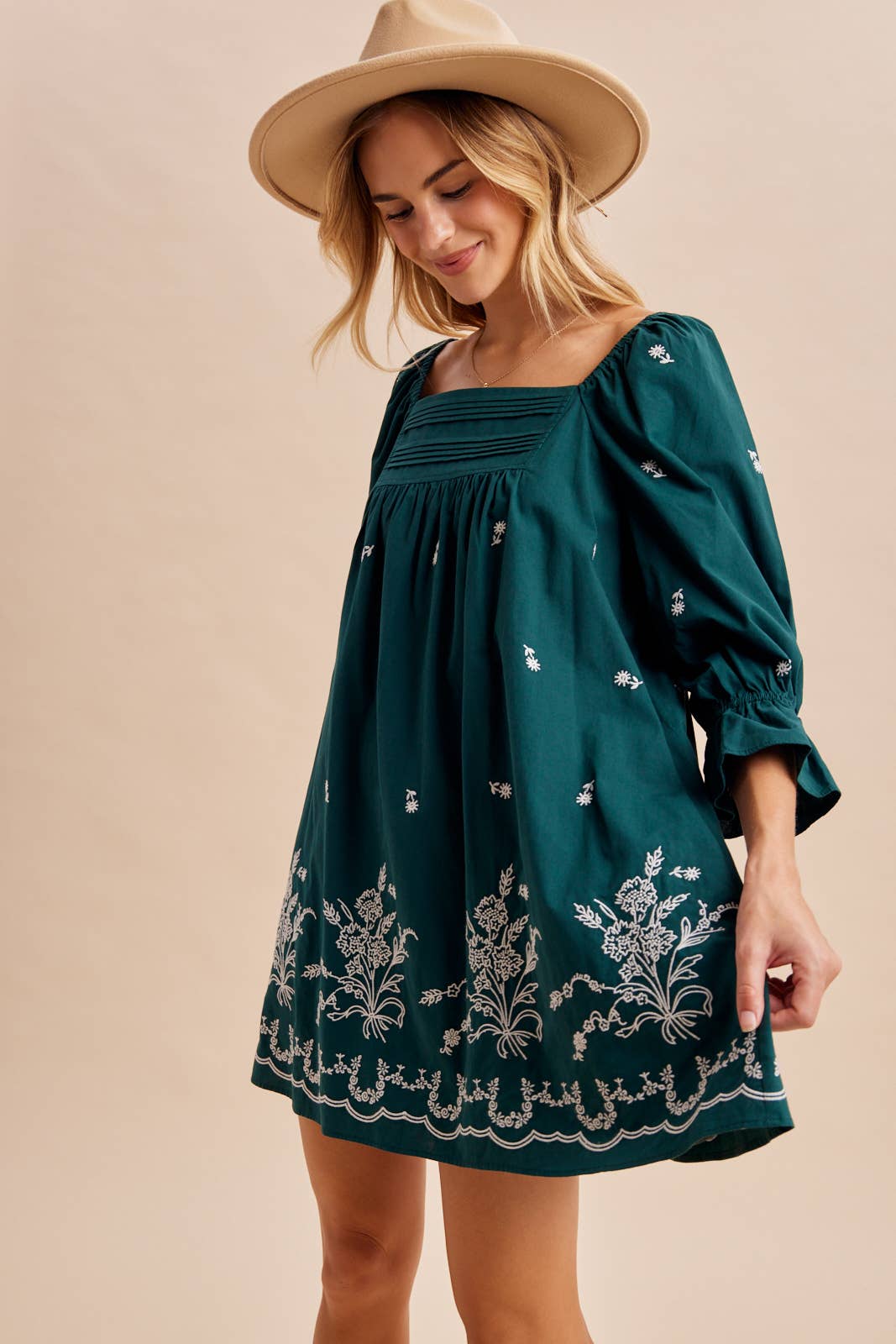 PLEAT DETAIL EMBROIDERED MINI DRESS