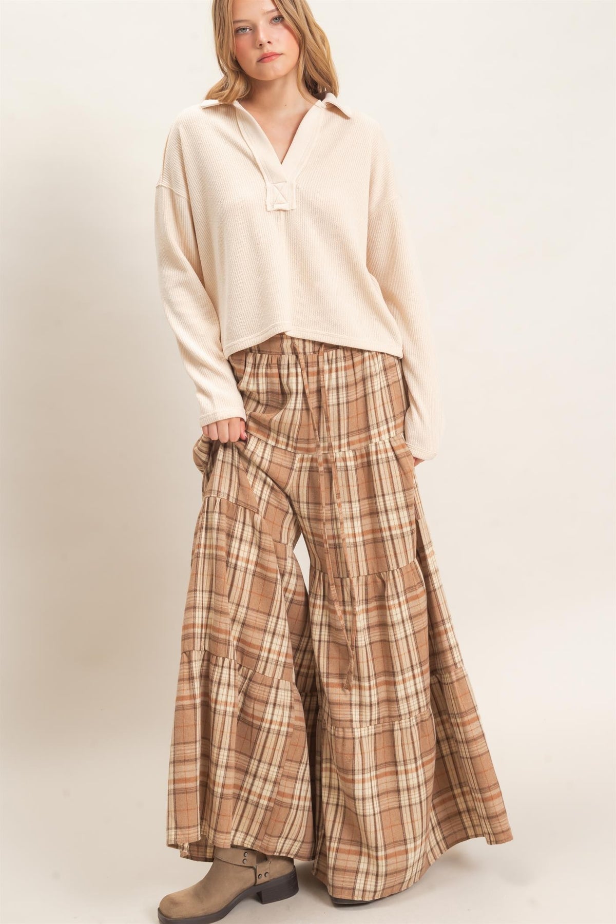 TIERED PLAID WIDE LEG PANTS