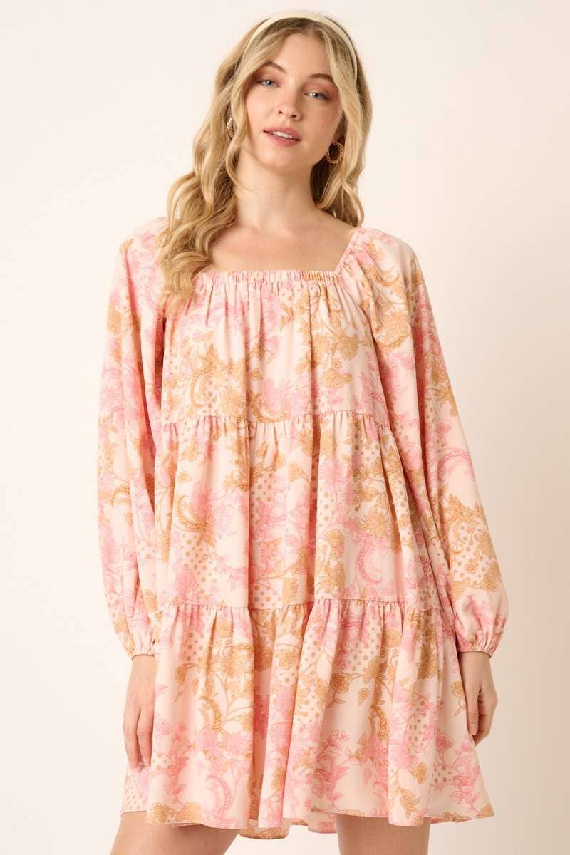 PAISLEY FLOWER PRINT SQUARE NECK BABYDOLL DRESS