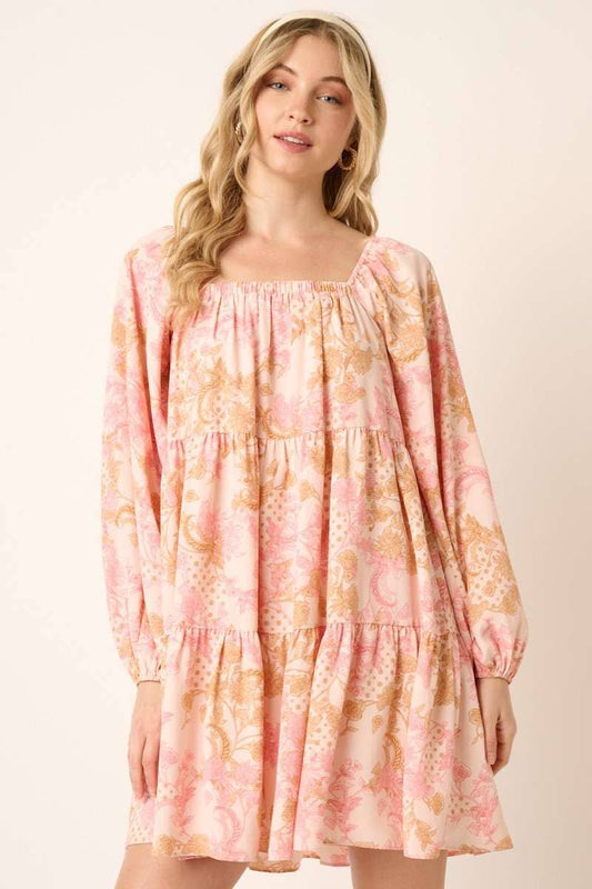 PAISLEY FLOWER PRINT SQUARE NECK BABYDOLL DRESS