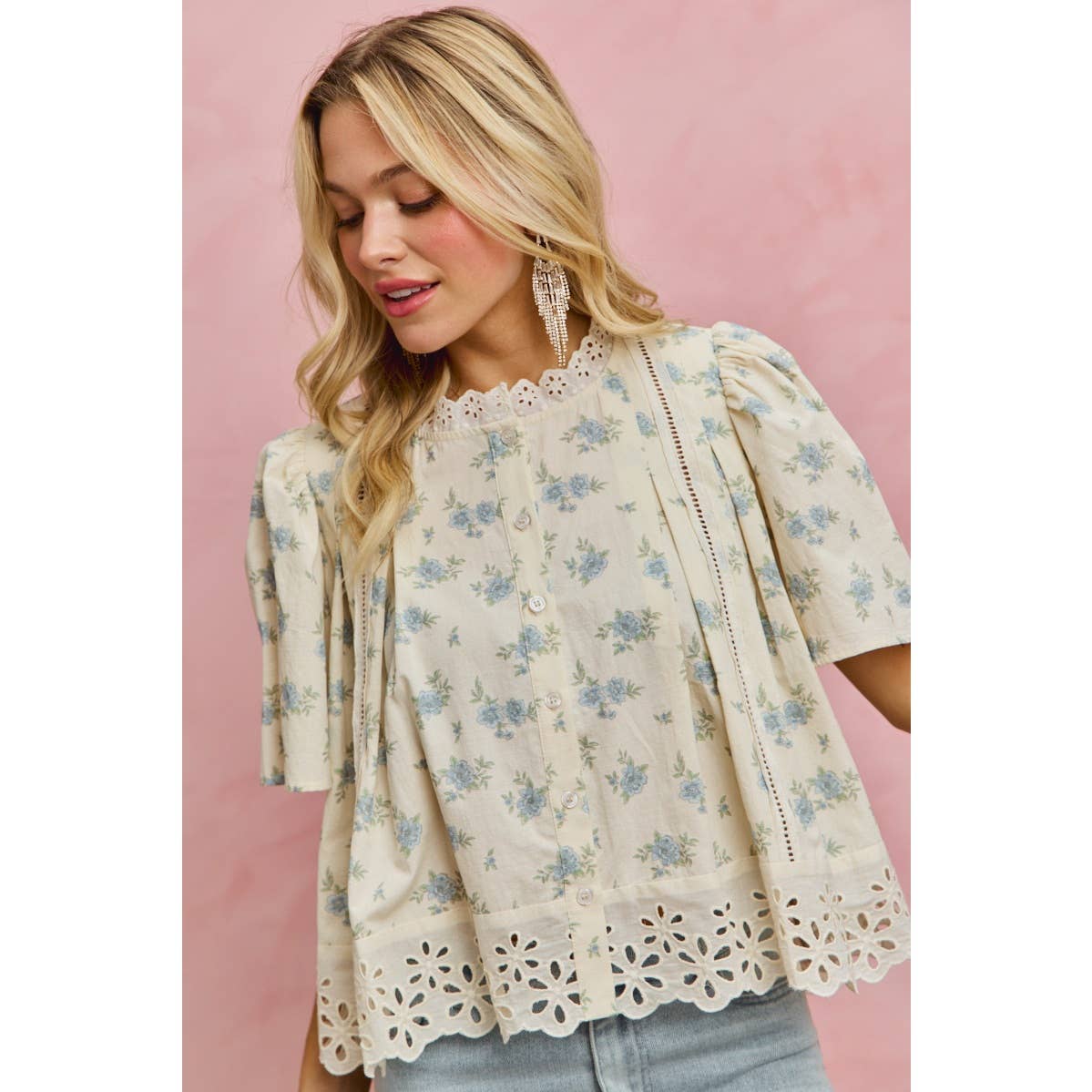 FLORAL PRINT LACE TRIM FLUTTER SLEEVES BLOUSE