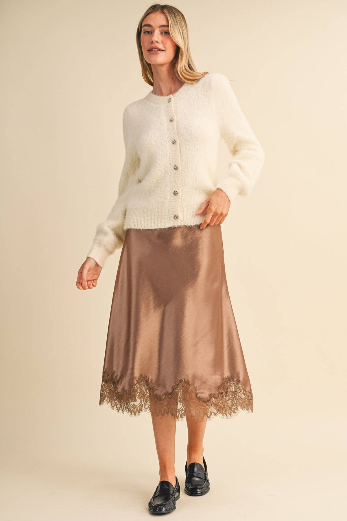 SATIN MIDI SLIP SKIRT WITH LACE HEM
